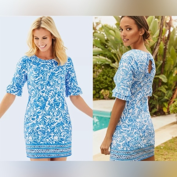 Lily Pulitzer Fiesta Stretch Dress Blue & White Key Hole Back Preppy Resort Wear - Picture 1 of 13